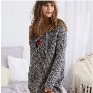 Aerie Lace Up Front Cozy Gray Thick Knit Sweater